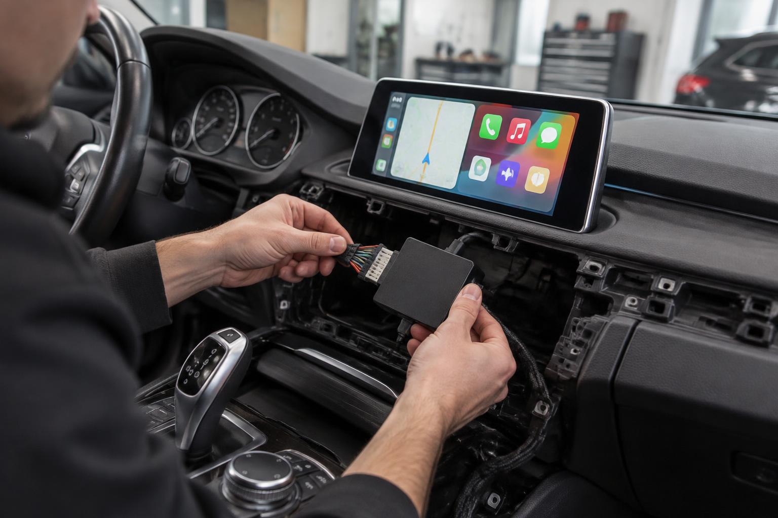Montáž CarPlay modulu k původnímu displeji — ilustrační fotografie